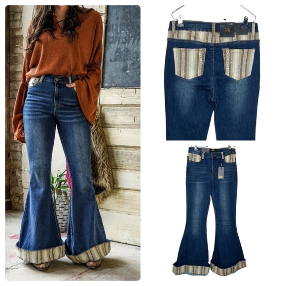 Lucky & Blessed Women’s Brown Aztec Print Cuffed Dark Wash Denim Flare Jeans - Picture 1 of 12